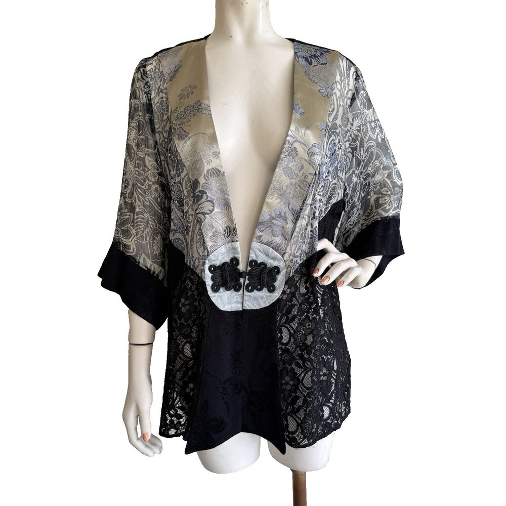 VIOLET KAY Kimono Plus 1X Jacket Black Lace Beaded Embroidered Silk Blend Top